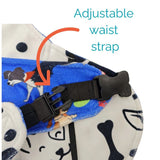 Close up of Salty Paws Dog Drying Coat showing adjustable waist strap and buckle with annotated text