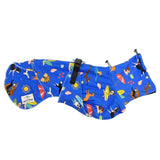 Salty Paws Dog Drying Coat in blue beach dog print flat lay showing adjustable chest clip and Salty Paws label