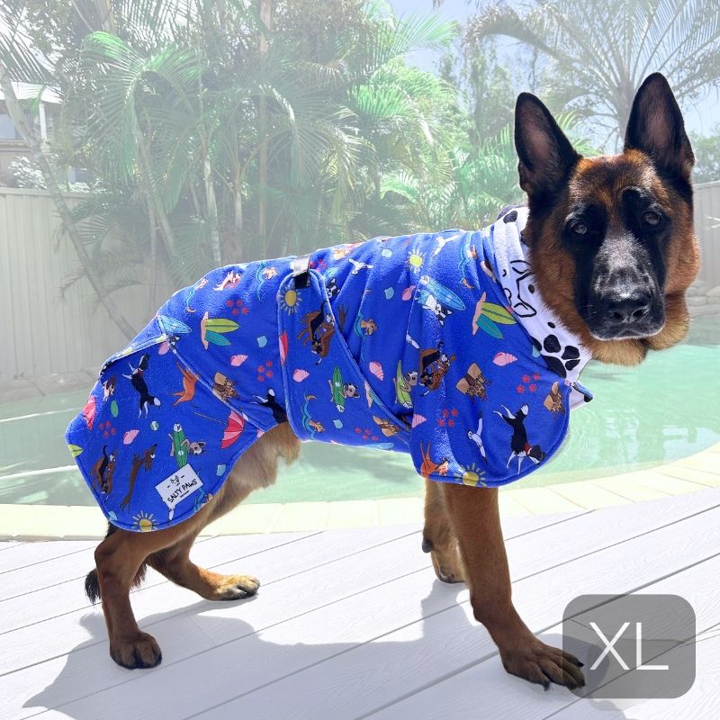 German Shepherd wearing Salty Paws Dog Drying Coat in blue beach dog print poolside, size XL shown