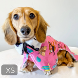 Dachshund wearing Salty Paws Dog Drying Coat in pink beach dog print, size XS shown
