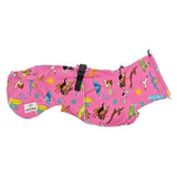 Salty Paws Dog Drying Coat in pink beach dog print flat lay showing adjustable chest clip and Salty Paws label