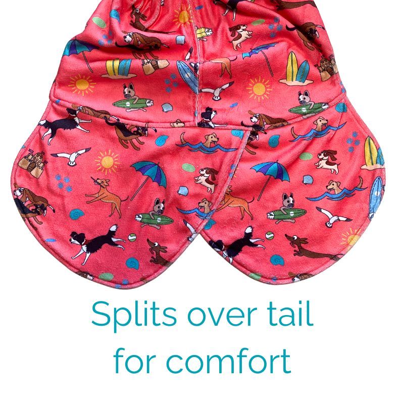 Salty Paws Dog Drying Coat showing tail split design detail with fully lined paw print interior and text Splits over tail for comfort