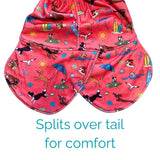 Salty Paws Dog Drying Coat showing tail split design detail with fully lined paw print interior and text Splits over tail for comfort