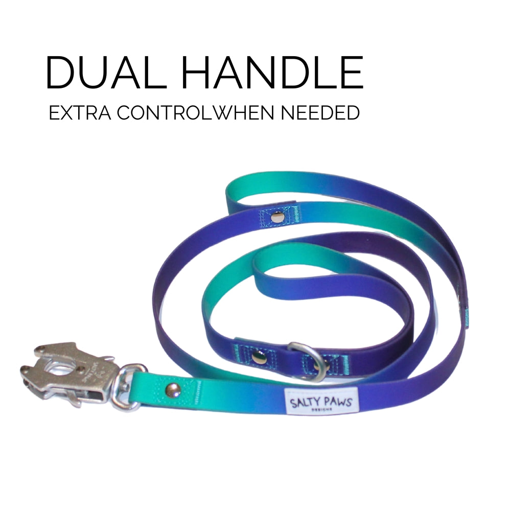 Salty Paws dual handle quick release dog lead in blue purple green gradient coiled showing quick release buckle, dual handle for extra control