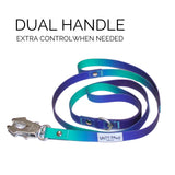 Salty Paws dual handle quick release dog lead in blue purple green gradient coiled showing quick release buckle, dual handle for extra control