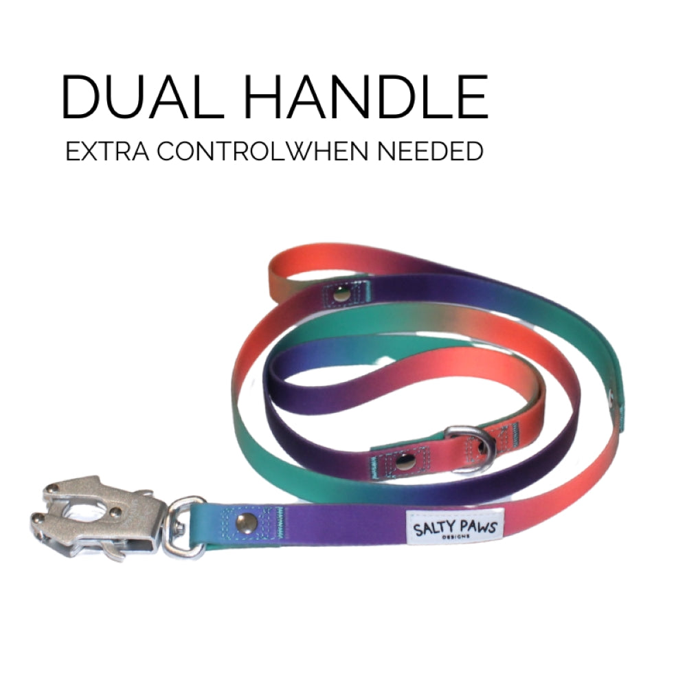 Salty Paws dual handle quick release dog lead in orange purple green gradient coiled showing aviation aluminium clip, dual handle for extra control
