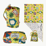 Salty Paws Designs Life's a Beach Beach Day Bundle showing yellow Life's a Beach settle mat and adventure towel set with Salty Paws drawstring bag