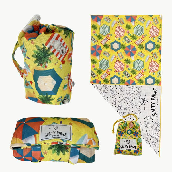 Salty Paws Designs Life's a Beach Beach Day Bundle showing yellow Life's a Beach settle mat and adventure towel set with Salty Paws drawstring bag