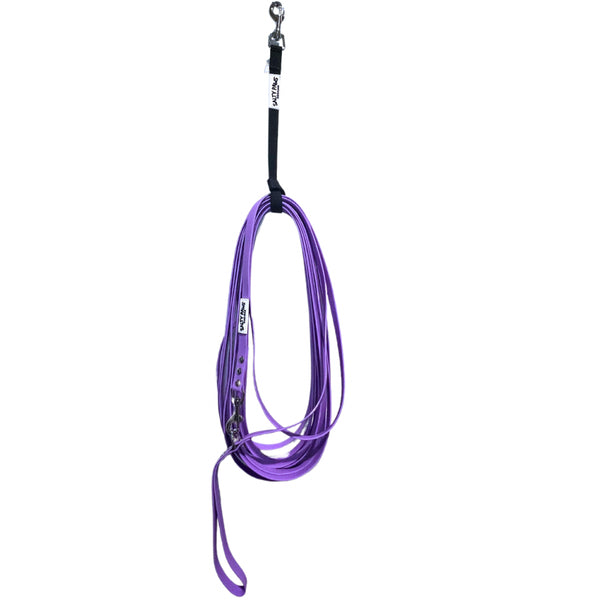 Salty Paws long line lead storage strap holding coiled purple long line, hanging display