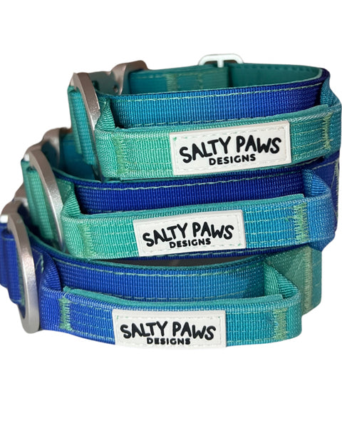 Salty Paws ombré tactical dog collars in blue green gradient shown in small, medium and large sizes with aluminium hardware
