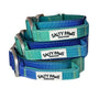 Salty Paws ombré tactical dog collars in blue green gradient shown in small, medium and large sizes with aluminium hardware