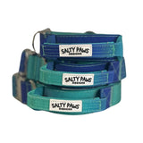 Salty Paws ombré tactical dog collars in blue green gradient shown in small, medium and large sizes with zinc alloy hardware