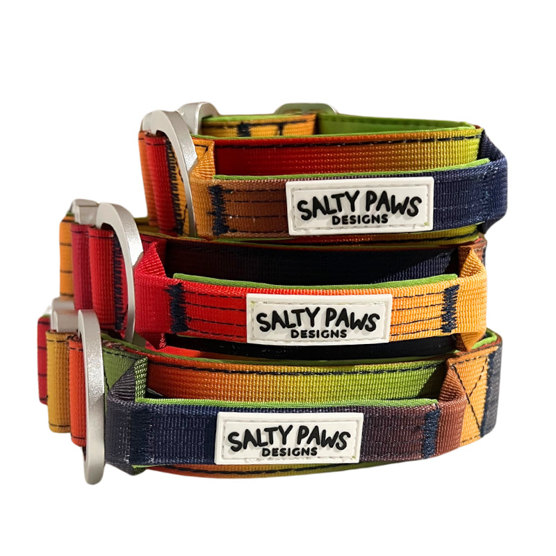 Salty Paws ombré tactical dog collars in dark rainbow gradient shown in small, medium and large sizes with lightweight aluminium hardware