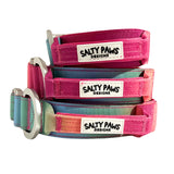Salty Paws ombré tactical dog collars in light rainbow gradient shown in small, medium and large sizes with lightweight aluminium hardware