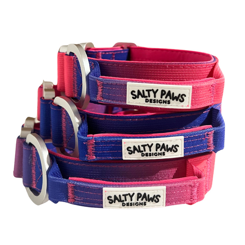 Salty Paws ombré tactical dog collars in pink purple gradient shown in small, medium and large sizes with lightweight aluminium hardware