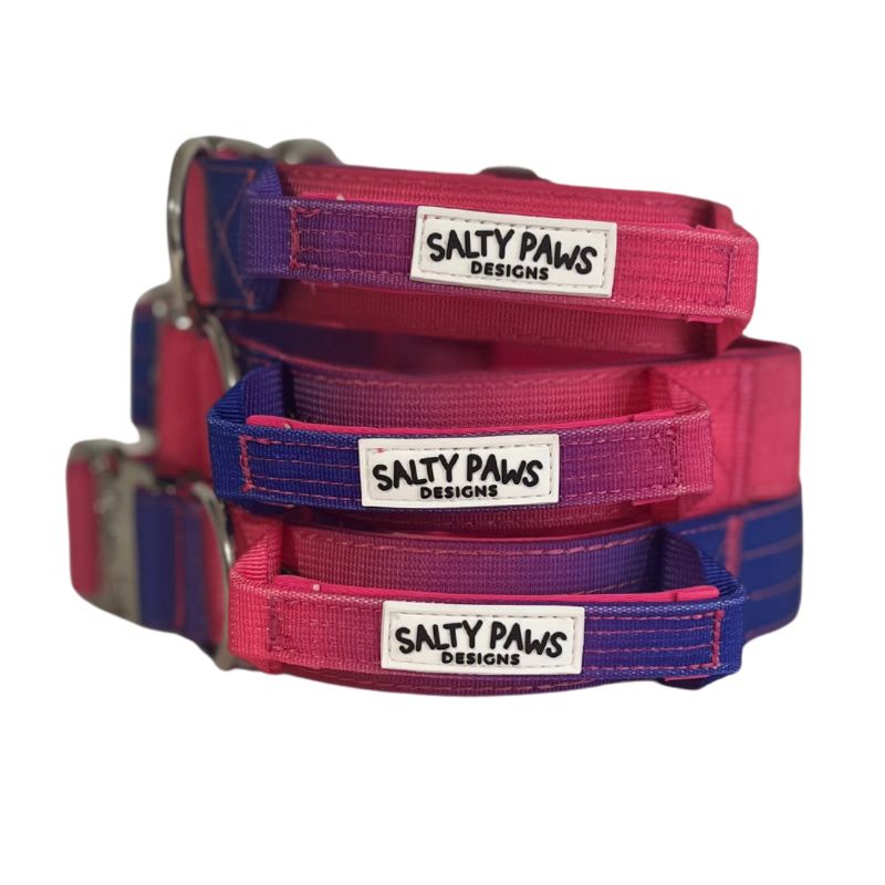 Salty Paws ombré tactical dog collars in pink purple gradient shown in small, medium and large sizes with zinc alloy hardware