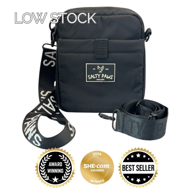 Australia's best dog treat pouch, black, magnetic closure, waterproof, with Salty Paws strap