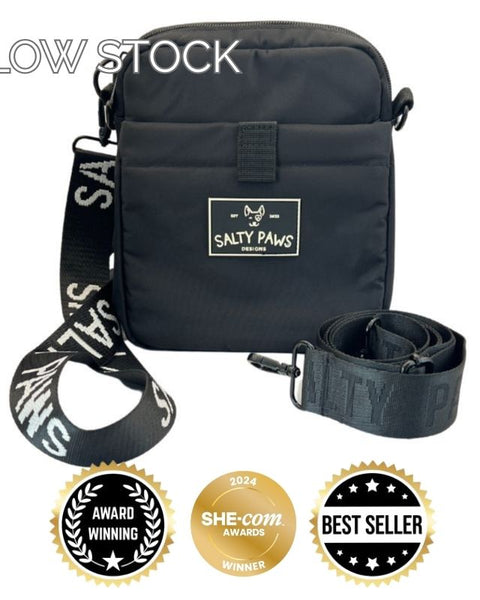 Australia's best dog treat pouch, black, magnetic closure, waterproof, with Salty Paws strap