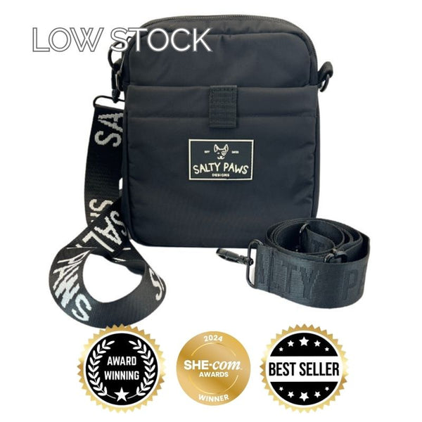 Australia's best dog treat pouch, black, magnetic closure, waterproof, with Salty Paws strap
