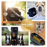 Salty Paws Original Dog Training Treat Pouch collage showing 2024 SHE-com Awards winner badge and real customer dogs