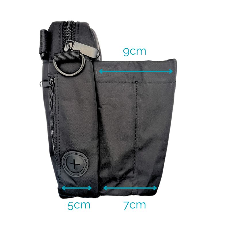 Side view of Salty Paws Original Dog Training Treat Pouch showing treat pocket dimensions 9cm wide at top, 7cm at base, and main pouch 5cm wide