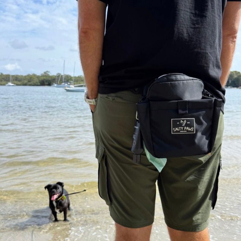 Salty Paws Original Dog Training Treat Pouch worn on hip at the beach with small black dog in background