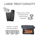 Salty Paws Original Dog Treat Pouch large treat capacity infographic, holds 2 to 3 cups of treats for a full training session