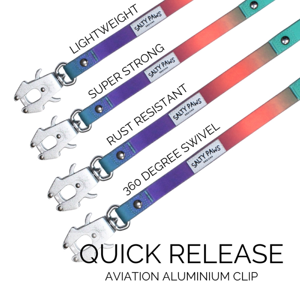 Salty Paws quick release dog leads in orange purple green gradient showing aviation aluminium clip, lightweight, super strong, rust resistant, 360 degree swivel