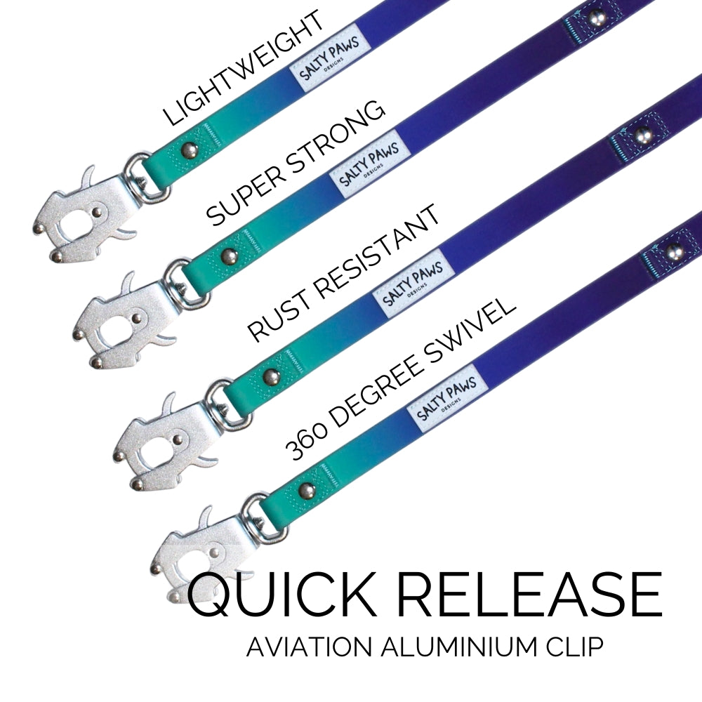 Salty Paws quick release dog leads in blue purple green gradient showing aviation aluminium clip, lightweight, super strong, rust resistant, 360 degree swivel