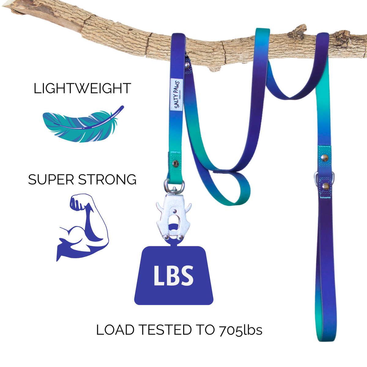 Salty Paws quick release dog lead in blue purple green gradient, lightweight and super strong, load tested to 705lbs