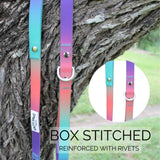 close-up of Salty Paws quick release lead in orange purple gradient showing box stitched and reinforced with rivets construction