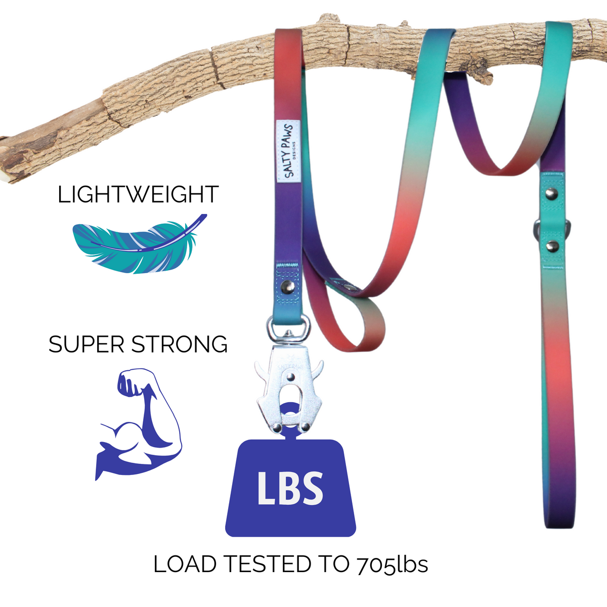 Salty Paws quick release dog lead in orange purple green gradient, lightweight and super strong, load tested to 705lbs