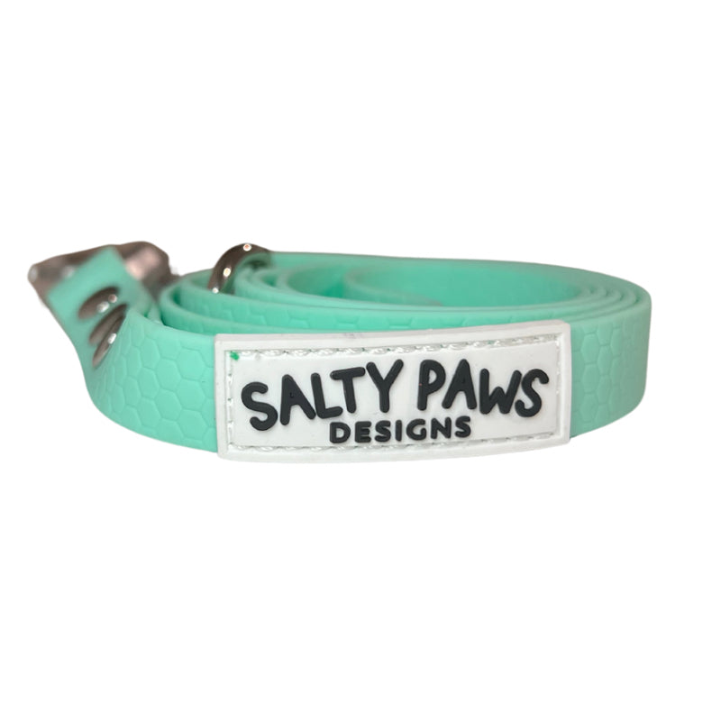 Salty Paws quick release waterproof dog lead in mint, coiled on a rock showing frog clip and brand label, outdoor lifestyle
