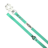Salty Paws quick release waterproof dog lead in mint, diagonal flat lay showing frog clip snap and D-ring