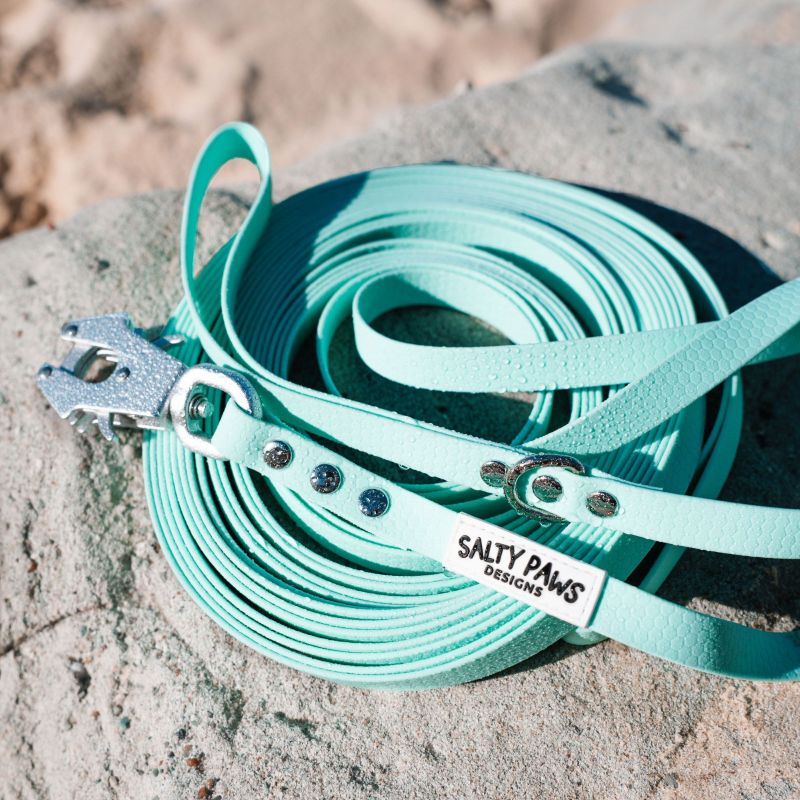 Salty Paws quick release waterproof long line lead in mint showing frog clip detail, coiled lead with D-ring hardware