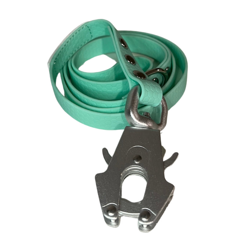 Close up detail of Salty Paws quick release waterproof dog lead in mint, showing hardware