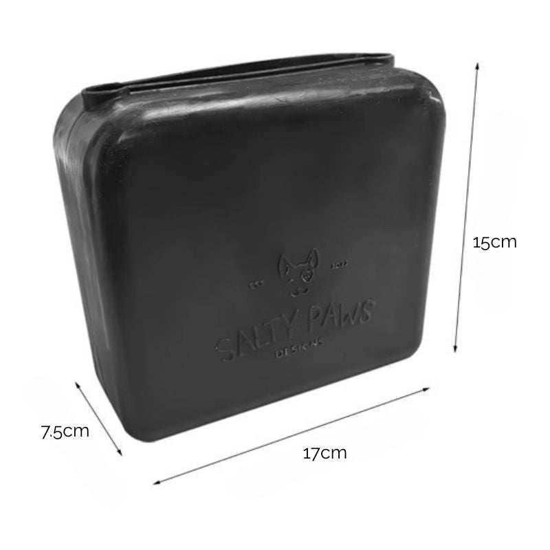 Salty Paws Silicone Treat Pouch in black with dimensions 15cm height 17cm width 7.5cm depth