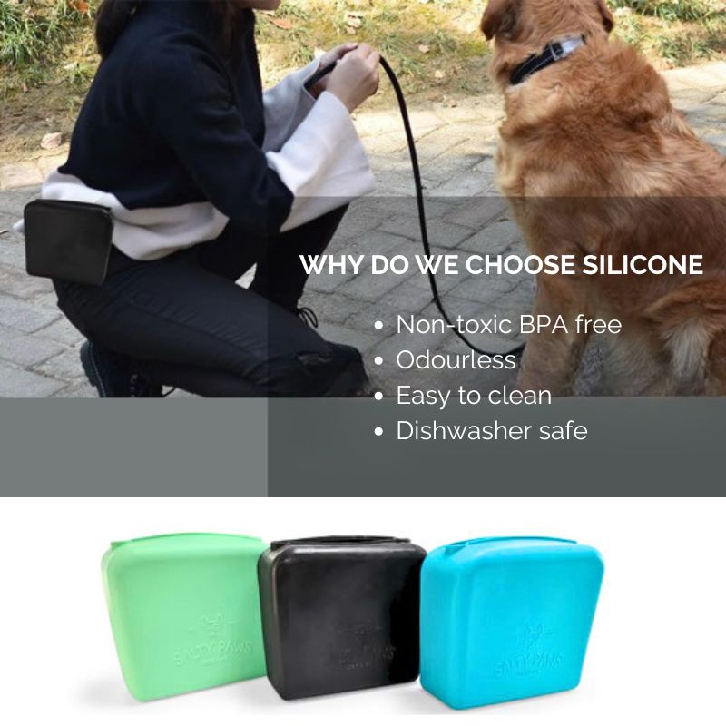 Salty Paws Silicone Treat Pouch feature graphic highlighting BPA free odourless and dishwasher safe