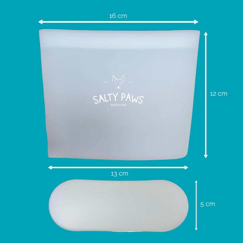 Salty Paws Silicone Treat Snap Bag dimensions 16cm width 12cm height 13cm base 5cm depth