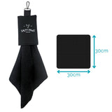 Salty Paws Slobber Towel dimensions diagram showing 30cm x 30cm waffle-knit towel with carabiner pouch