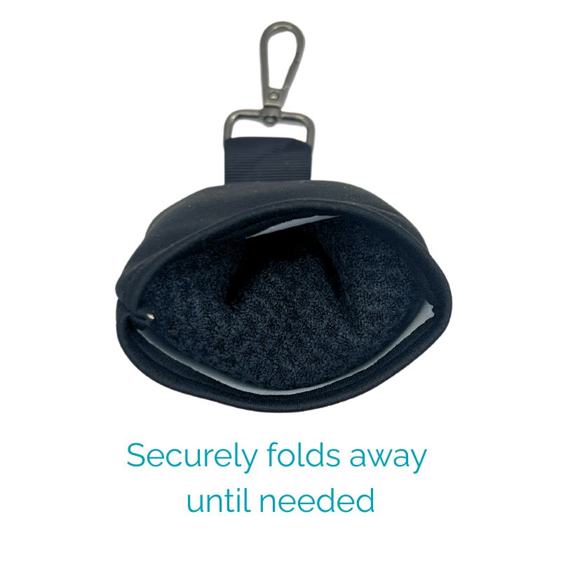 Salty Paws Slobber Towel shown folded into compact pouch, securely folds away until needed