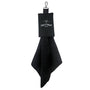 Salty Paws Slobber Towel in black hanging from a carabiner clip, waffle-knit fabric, compact dog towel