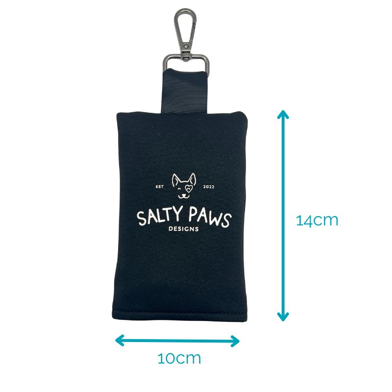 Salty Paws Slobber Towel folded pouch dimensions, 10cm wide by 14cm tall, with carabiner clip, and velcro closure detail