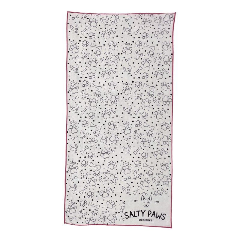 Reverse side of Salty Paws Summer Days Adventure Dog Towel in pink showing white paw print and bone pattern