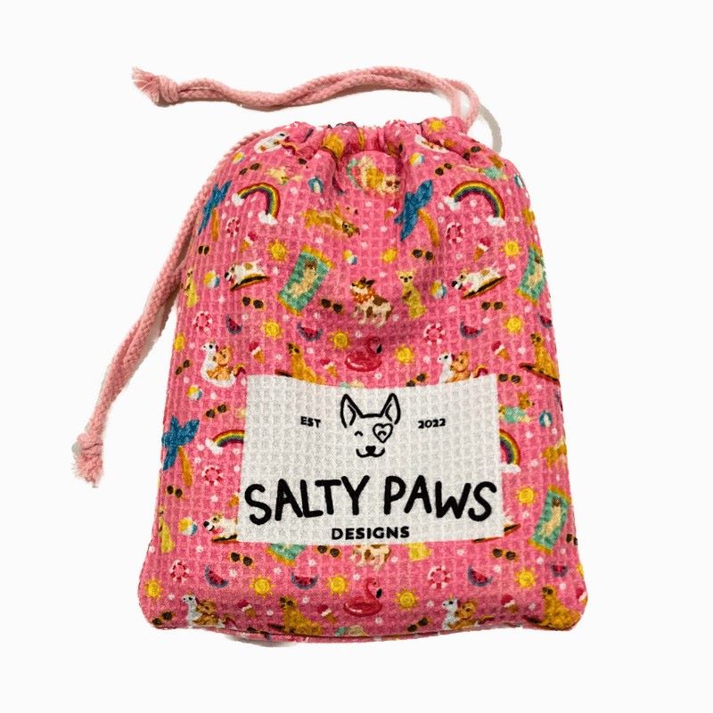 Salty Paws Summer Days Adventure Dog Towel in pink packed in matching pink drawstring carry bag