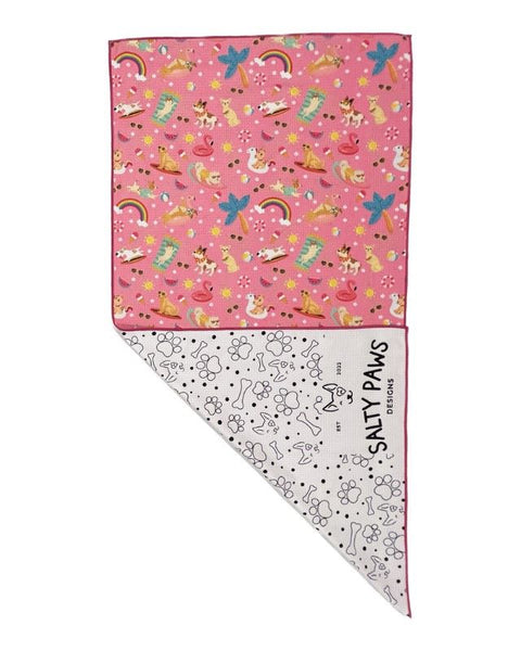 Salty Paws Summer Days Adventure Dog Towel in pink folded showing colourful front print and white paw print reverse