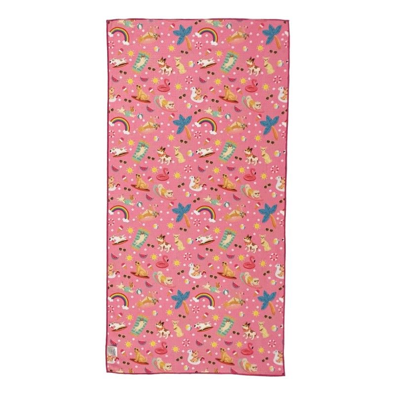 Salty Paws Summer Days Adventure Dog Towel in pink laid flat showing full colourful summer print