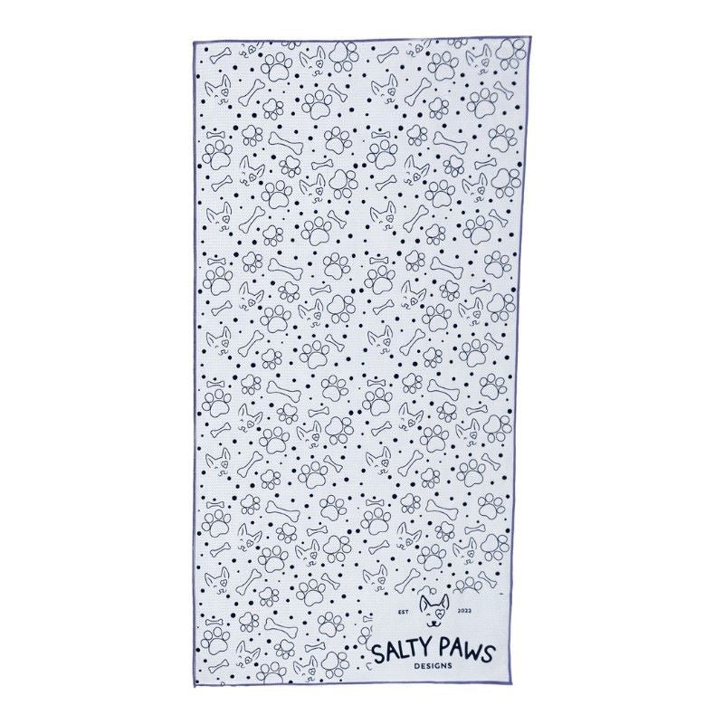 Reverse side of Salty Paws Summer Days Adventure Dog Towel in purple showing white paw print and bone pattern