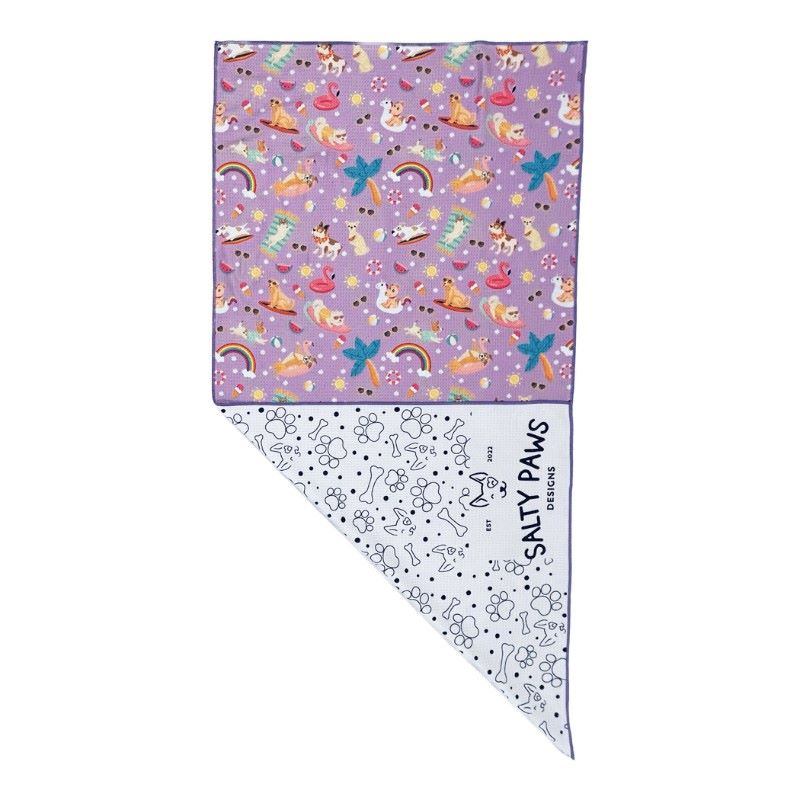 Salty Paws Summer Days Adventure Dog Towel in purple folded showing colourful front print and white paw print reverse