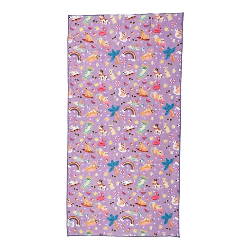 Salty Paws Summer Days Adventure Dog Towel in purple laid flat showing full colourful summer print